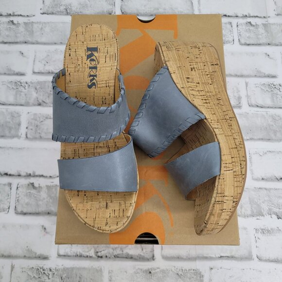 New With Box Korks Kendri Cork Wedge Leather Sandals Blue Denim Size 7 - Picture 1 of 6